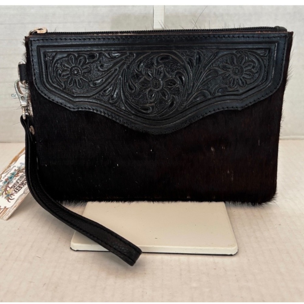Cowhide Wristlet Womens Small Black‎ Floral Tooled Leather BohoCowgirl Bag New